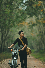 Xe máy, motorbike, vườn cao su, rubber plantation, đẩy xe máy, push motorbike, hàng cây, row of trees, đường đất, dirt road,  thanh niên, young man - Bảo Huỳnh