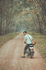 Xe máy, motorbike, vườn cao su, rubber plantation, hàng cây, row of trees, đường đất, dirt road,  thanh niên, young man - Bảo Huỳnh