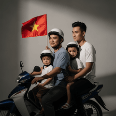 tạo ảnh áo thun có hình gia đình đang đi trên xe máy cầm lá cờ...