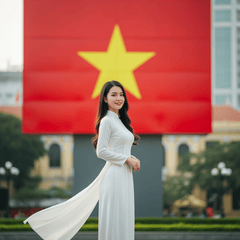 cô gái mặc áo dài màu trắng việt nam trước lá cờ đỏ sao vàng...