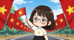 một cô bé dễ thương hiền lành đeo kính cận đang giơ cao lá cờ...