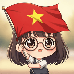 một cô bé dễ thương hiền lành đeo kính cận đang giơ cao lá cờ...