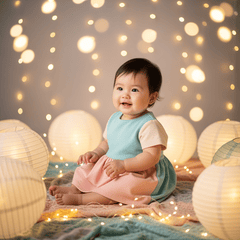 A 1-year-old baby girl in a modern pastel dress, surrounded by paper lanterns and...