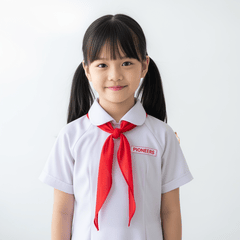 tạo ảnh cô bé việt nam mặc áo trắng đeo khăn quàng. Với màu...