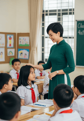 Tạo hình ảnh cô giáo xinh đẹp tóc ngắn mặc áo dài với lớp các...