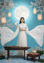 Một cô gái trẻ xinh đẹp mặc bộ áo dài trắng tinh khôi, tay áo...