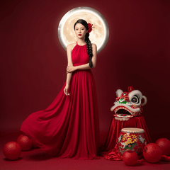 full body,beautiful Asian woman,braided black hair over right shoulder,red...