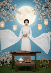 Một cô gái trẻ xinh đẹp mặc bộ áo dài trắng tinh khôi, tay áo...
