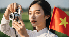 Tạo ảnh thiếu nữ chụp hình áo dài trắng cùng lá cờ Việt Nam....