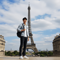 Nam, dáng người châu á 
Đi du lịch châu âu, tháp Eiffel 
Mặc đồ...