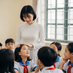 Tạo hình ảnh cô giáo xinh đẹp tóc ngắn mặc áo dài với lớp các...