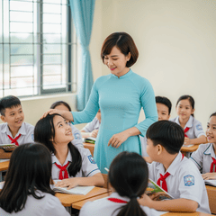 Tạo hình ảnh cô giáo xinh đẹp tóc ngắn mặc áo dài với lớp các...