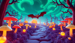 Halloween, khung cảnh halloween, bí đỏ, dơi, kinh dị, nấm, 3D, halloween scene, pumpkin, bat, horror, mushroom - MinhLe