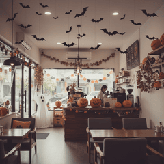 Không gian quán cà phê nhỏ trang trí Halloween ấm cúng. Trần nhà...