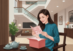 hình ảnh người phụ nữ Việt Nam hiện đại đang mở hộp quà...
