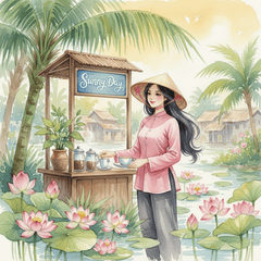 Tạo giúp hình cô gái tóc dài mặc áo bà ba màu hồng, đội nón lá...