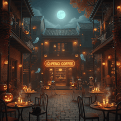 Một quán cà phê trang trí Halloween nằm trong không gian cổ kính, lung...