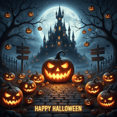 Một khung cảnh Halloween huyền bí và rực rỡ ánh sáng. Ở giữa là...