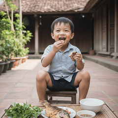 Tạo cho tôi 1 tấm ảnh một đứa trẻ đang ăn cá . Với đặc điểm...