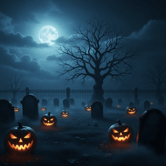 Một nghĩa trang đêm Halloween bao trùm bởi bầu không khí ma mị và...