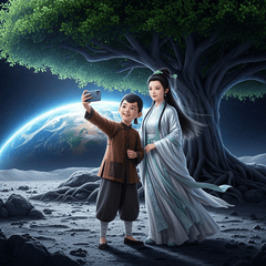 Tạo ảnh chú cuội và chị hằng nga chụp selfie dưới gốc cây đa...