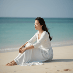 cô gái xinh đẹp quyến rũ ngồi buồn trên bãi biển trong xanh nhớ...