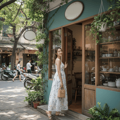 Tạo hình ảnh cô gái đứng chụp ảnh ở quán nước với bộ váy...