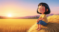 Mai.12-year-old girl.bangs.black hair.peaceful smile.simple yellow...