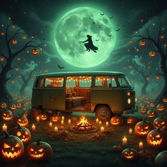 Một khung cảnh đêm Halloween ngoài trời tràn đầy không khí...