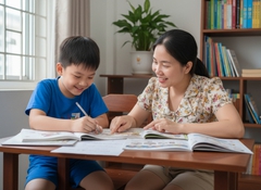 Cậu bé khoảng 6 tuổi vẻ mặt vui vẻ  đang tập trung làm bài tập...