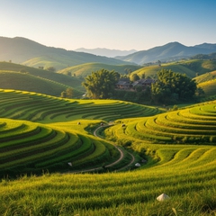 Looking across rolling green hills under radiant daylight, golden tones...