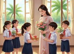 Hình ảnh các em học sinh tặng quà cho cô giáo. Với đặc điểm...
