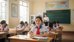 hình ảnh một học sinh Việt Nam ngồi trong lớp, hướng về phía...