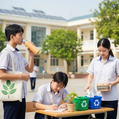 Ảnh học sinh sử dụng các sản phẩm thân thiện với môi trường...