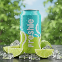 Hình một lon soda Freshie nổi bật giữa nền xanh tươi, xung quanh là...