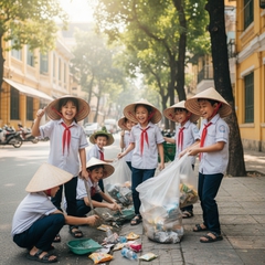 Ảnh học sinh vui vẻ quét dọn rác trên đường . Với đặc điểm...