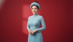 Cô gái mặc áo dài mỏng màu Xanh 
da trời đẹp rạng rỡ, trên cổ...