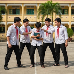 tạo ảnh một nhóm nam học sinh việt nam với đồng phục áo trắng...
