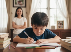 Cậu bé khoảng 6 tuổi vẻ mặt đăm triêu tập trung cao độ hoàn...