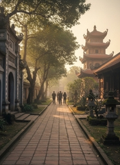 Ảnh con đường bên trong chùa thắng nghiêm phía xa có hình bóng ít...