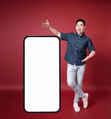 Chàng trai, điện thoại khổng lồ, quảng cáo, online, boy, giant phone, advertisement