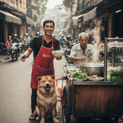 Một anh chàng mặc tạp giề đỏ việt nam bán phở anh hai và chó...