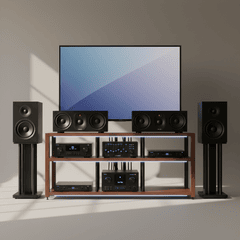 Dàn Âm Thanh hifi 6 loa màu đen để trên kệ màu nâu với đày đủ âm...