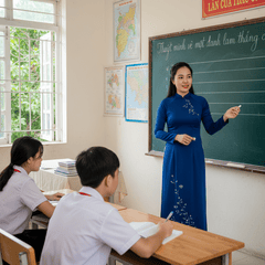 Cô giáo Việt Nam dạy Ngữ Văn mặc áo dài.Trong ảnh có 1 đến 2...