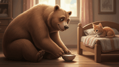 Hình ảnh chú gấu to lớn nhẹ nhàng đặt một bát sữa nhỏ xuống...