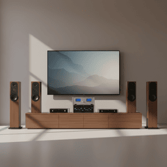 Dàn Âm Thanh hifi 4 loa màu nâu để trên kệ màu nâu với đày đủ âm...