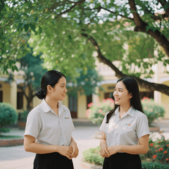 Cô giáo trẻ người Việt trò chuyện với sinh viên dưới tán cây...