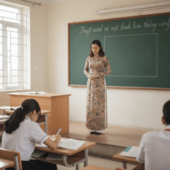 Cô giáo Việt Nam dạy Ngữ Văn mặc áo dài, đứng trên bục giảng....