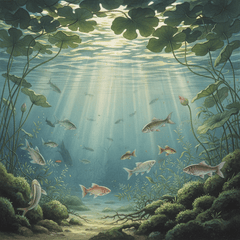 Vietnamese silk painting style, Underwater shot looking up towards the surface,...