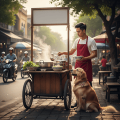 Anh chàng mặc tạp giề đỏ mở quán phở anh hai cùng chó cậu vàng ....